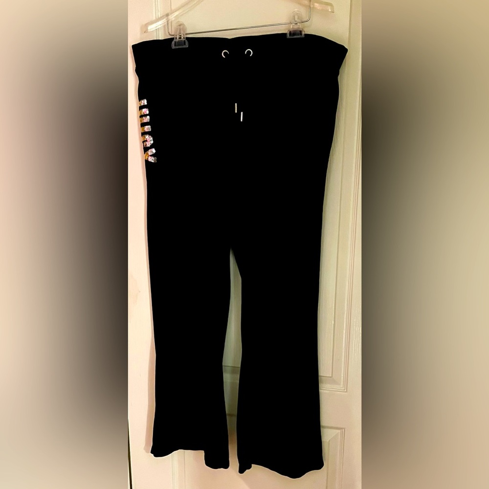 NWOT  2X JUICY COUTURE BLACK VELVETY VELOUR TRACK PANTS w/SEQUINS